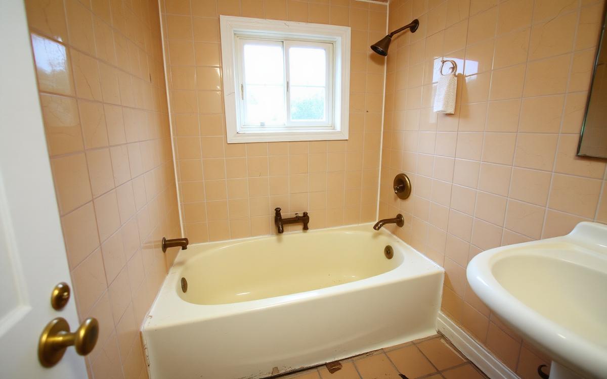 Dated bathroom with worn tile and an old built-in bathtub before remodeling