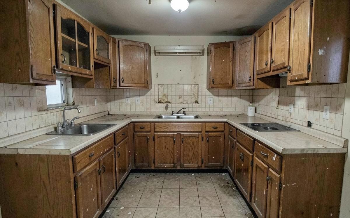 Dated kitchen with worn oak cabinets and laminate counters before remodeling