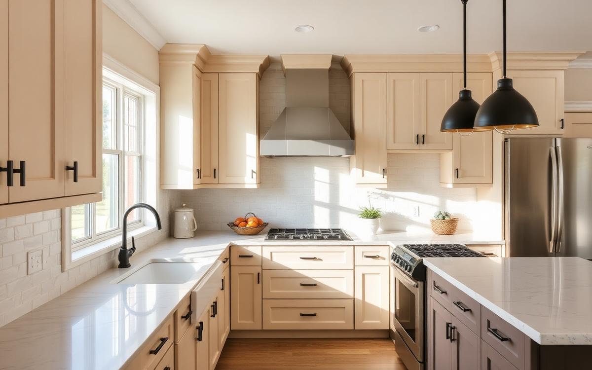 Completed coastal kitchen remodel with sand-toned shaker cabinets